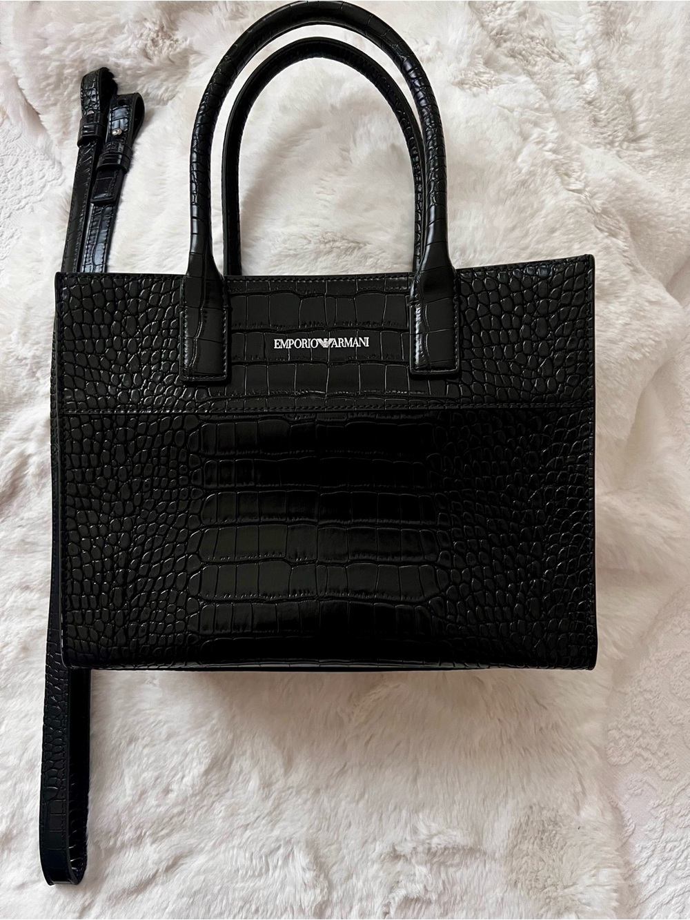 Emporio Armani Black Croc-Embossed Satchel with Detachable Strap